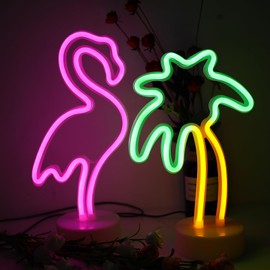 2 Packs Decoration Neon Signs Light Pink Flamingo and Green Palm Tree Neon Wall Decor Lights USB/Battery Powered Neon Lights for Bedroom Girls Kids Birthday Party Christmas (Flamingo&Palm Tree)