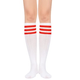 Zando Outdoor Athletic Socks for Women Soft Knee High Socks Tall Athletic Socks Stripes Tube Socks Extra Long Knee Socks Outdoor Boot Socks Elastic Knee High Stockings White Red One Size