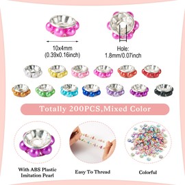 Beadthoven 200pcs Pearl Rondelle Spacers Beads for Pens 10mm Rhinestone Spacers for Bracelet, Flat Round Large Hole Spacer Beads, Plastic Pearls Crystal Spacers Beads for Jewelry Making DIY Bracelets