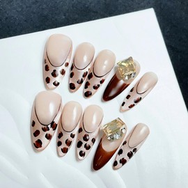 WOMHOPE Press on Nails Handmade Full Cover False Nails with Rhinestone Vintage Flower Aurora Acrylic Nails for Women and Girls 10pcs/Box Long Almond,Coffin (French leopard print, Medium)