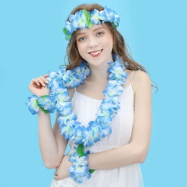 JSSHI - Diadema hawaiana, diseño de flores hawaianas con hojas para decoración de fiestas hawaianas (con hojas verdes), With green leaves，blue.