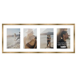Poster Palooza Metallic Gold Bronze Finish Collage Frame - White Mat, Holds Four 4x6 Photos, UV Resistant Acrylic, Wall Hanging Hardware, Rustic Wall Display, Home Gallery