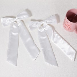 Big Hair Bows for Women Girls, 2 Pcs Silky Stain Ribbon Bow-Knot Hair Clips with Long Tails, Elegant Vintage Hair Accessories for Toddler Teens White Set 6 Inch
