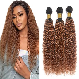 Niciitysi Color 1B30 Human Hair Light Brown Curly Wave Bundles Ombre Two Tone Black and Brown Kinkycurly Bundles Double Weft Brazilian Hair Extensions Soft and Silky 22 24 26 inch