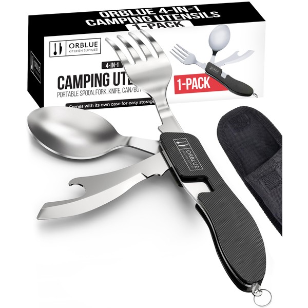 Orblue 4-in-1 Camping Utensils, 1-Pack, Portable Stainless Steel Spoon, Fork,