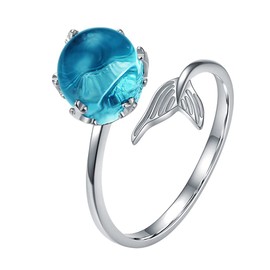 Blue Crystal Dolphin Tail Ring for Girls Sterling Silver Adjustable Open Finger Ring Christams Birthday Valentines Day Gifts for Women