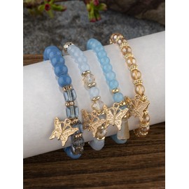 Pulseras bohemias para mujer, juego de pulseras elásticas apilables con abalorio doradas y mariposas elásticas de revestimiento múltiple, pulseras coloridas para verano y playa, 6 Cm, Cristal, Ágata