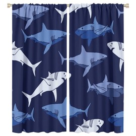Shark Fish Window Curtains, Ocean Animal Navy Blue Room Darkening Rod Pocket Windows Treatments for Boys Girls Toddler Bedroom Living Room 42x54in