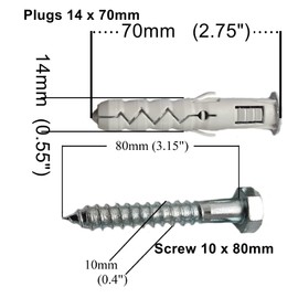 Wall Plugs M14 14 x 70mm and Heavy Duty Coach Screw for Brick Masonry M10 10 x 80mm Hex Head Bolt Width 17mm Set 3pcs