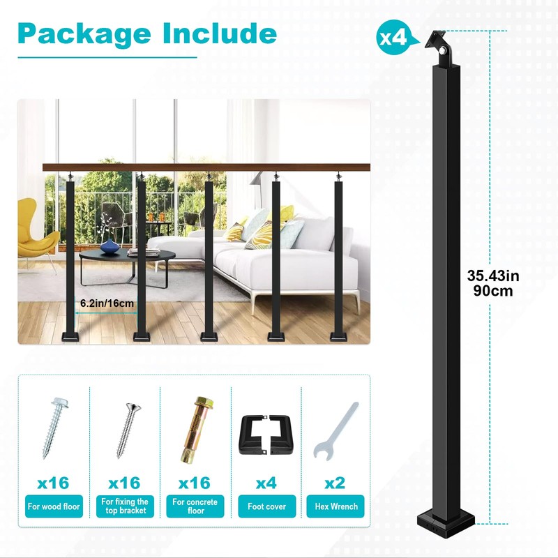 Zwinz Heavy Duty Steel Stair Baluster Posts 4 Pack, 270°