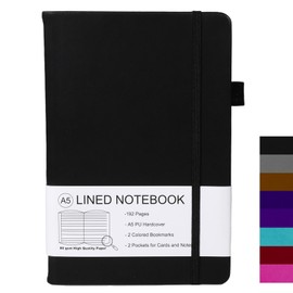 ZephyrNote Notebook A5 Lined Hardcover, Premium 80 GSM Paper, Journal Book with 192 Pages, Inner Pocket, Pen Loop, Elastic Strap, Faux Leather Cover, 14.5 x 21.3 cm (Black)
