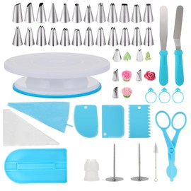 65-teiliges Set Drehteller Torte - Torten Zubehör - drehbare Tortenplatte, Edelstahl und PP, inkl. Tortenplatte, Kuchenschaber, Spritztüllen, ideal für Backen und Dekorieren, für Anfänger und Profis