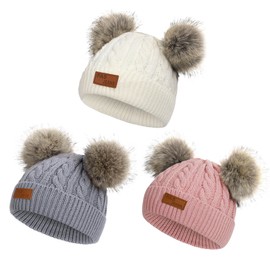 Century Star Baby Girl Hats Winter Cute Baby Beanies for Girls Boys Knit Baby Hats Warm Infant Toddler Hat Pom Pom Caps 3Pcs White & Gray & Dark Pink One Size