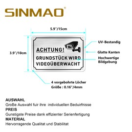 SINMAO "Achtung!Grundstück wird Videoüberwacht" with Drill Space, Weatherproof, Reflective, (15 x 10 cm, 0.1 cm Thick), Warning Sign Video Surveillance Signs