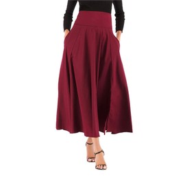 Women's High-Waisted Pleated Long Skirt Belt Pocket Maxi Vintage Skirt 5 Colors (M, Wine Red)