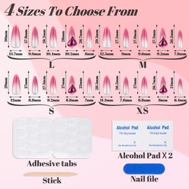 Closeus Press On Nails Handmade Long Pink Rouge Gradient 3D Diamond Heart Bling Crystal Cat Eye Glitter Designed Natural Fit Gem Pearl Glue Reusable Stick On Nail in 10Pcs 4 Sizes Kit S