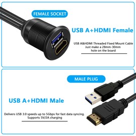 QINJOOELC USB 3.0 & HDMI Car Mount Flush Cable, Male to Female, 5Gbps USB AUX Dashboard Panel Mount Waterproof Extension Cord for Car Truck Boat Motorcycle 1M/3.3Ft