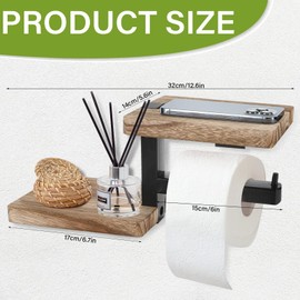 Pavlleen Toilet Roll Holder Wood Bamboo | No Drilling with Shelf | Matte Black | Elegant Toilet Roll Holder for Bathroom and Kitchen | Steel Bamboo Design | Gluing or Drilling Options