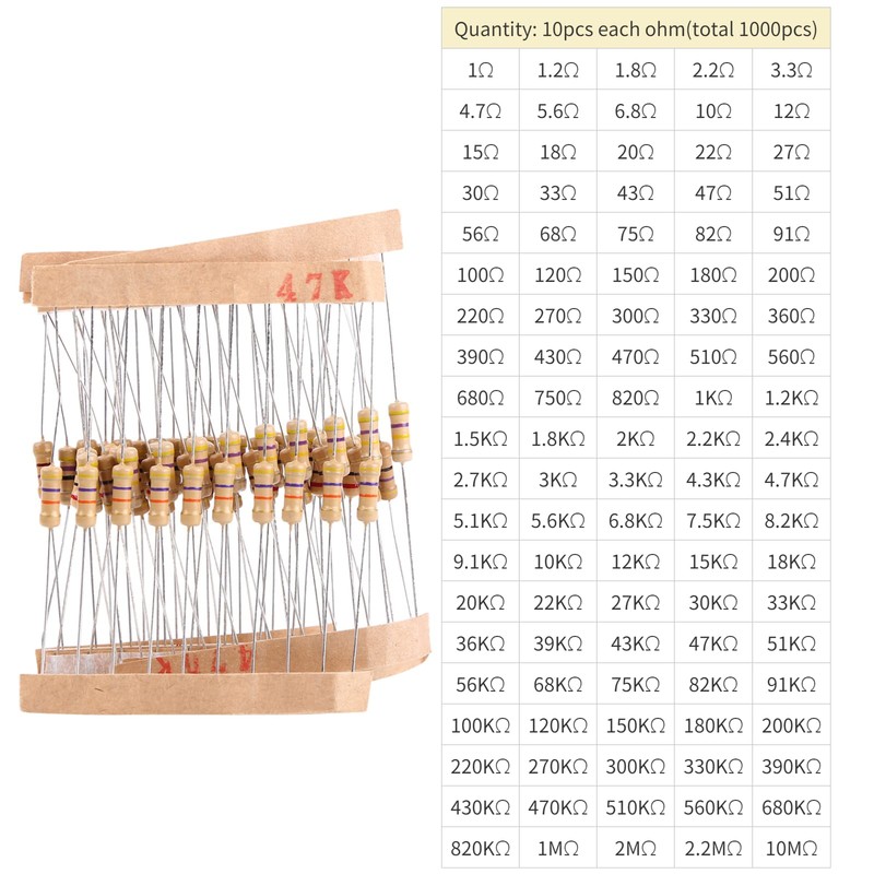 100 Value 1000pcs 1-10M Ohm 1 2W Carbon Film Resistor