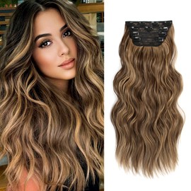 FAELBATY Long Wavy Clip in Hair Extensions for Women Balayage Dark Brown Mix Blonde Hairpieces for Girls 20 Inches Double Weft Thick Hairpieces Synthetic Fiber 4PCS (22H10#)