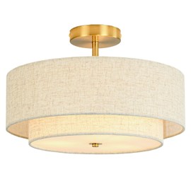16" Semi Flush Mount Ceiling Light, 3-Light Gold Drum Ceiling Light Fixture with 2-Tier Fabric Linen Shade, Farmhouse Chandelier for Dining Room, Living Room, Bedroom, Kitchen, Hallway, Entryway