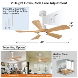 VCQQ 42 Inch Ceiling Fans with Lights and Remote Control, 5 Wood Fan Blades, 3 Color Dimmable, Quiet DC Motor, Modern Indoor/Outdoor Ceiling Fan with Light for Patio Bedroom Living Room
