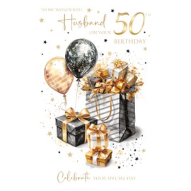 Cherry Orchard | Husband 50th Birthday Card | Birthday card for Husband 50th | Sleek and STylish Black & Gold design | Gold Foil Accents | Complete with envelope
