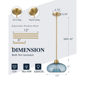 KLKLCH 11" Large Pendant Lights Kitchen Island, Modern Gold Hanging Light with Blue Seed Glass Shade,Small Chandelier Lighting for Dining Room,Entryway,2Pack, DD029-1-B2
