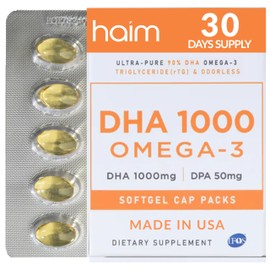 HAIM DHA 1000 Omega-3 Fish Oil - 90% Purity with 1000mg DHA, 50mg DPA - High Potency Fish Oil Supplement for Brain, Eye & Heart Support - Promotes Overall Wellness & Focus - 1 Box, 60 Softgels