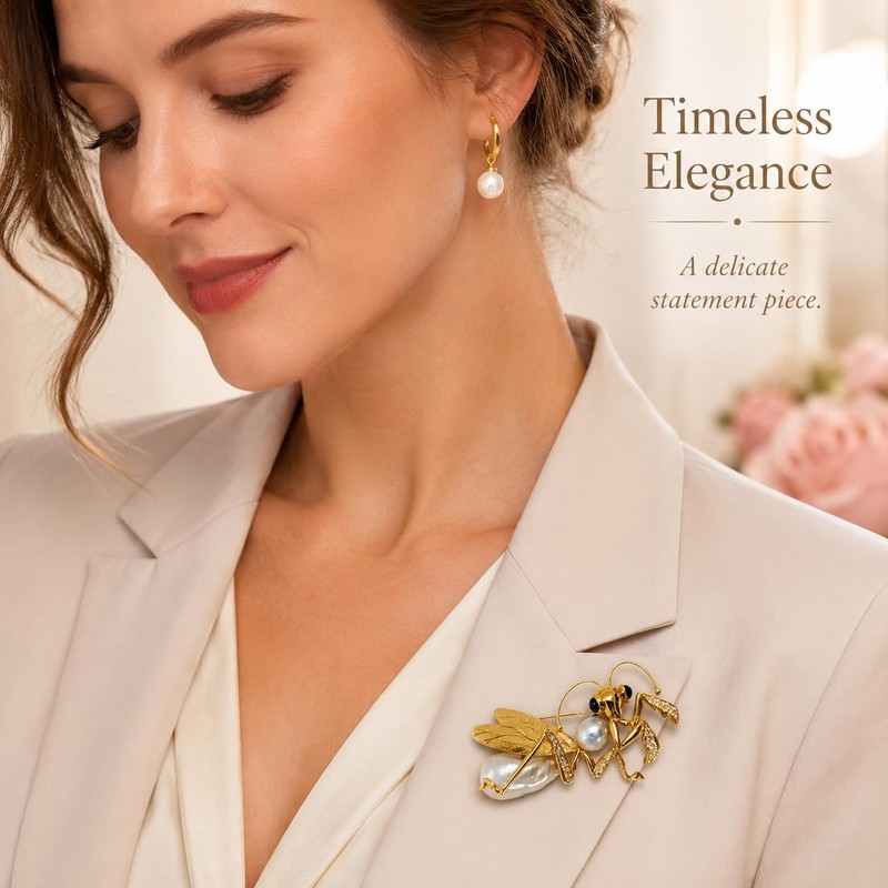 Gold Mantis Brooch, Pearl Clear Crystal Insect Lapel Pin