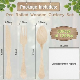 30Pack Pre Wrapped Disposable Wooden Cutlery - Pre Rolled Wooden Cutlery with Napkins, Wrapped Wooden Silverware Set Disposable, Biodegradable Disposable Wooden Cutlery with Napkins for Wedding