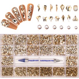 HINABTRU Gold Rhinestones for Nails Champagne Nail Gems Diamonds-7220Pcs Gold Nail Crystals Jewels-Nail Charms Accessories for Nail Decoration(14 Different Shape+ 6520 Round Gold Nail Stones+Wax Pen)
