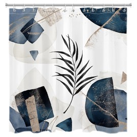 EOBTAIN Navy Blue Abstract Shower Curtain Watercolor Boho Dark Geometric with Leaf on White Fabric Shower Curtain with 12 Hooks Mid Century Modern Minimalist Bathroom Curtains Shower Set 72x72 Inch