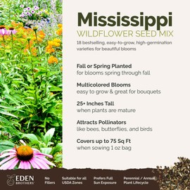 Eden Brothers Mississippi Wildflower Mixed Seeds for Planting, 1 oz, 30,000+ Seeds with Lupine, Sunflower | Attracts Pollinators, Plant in Spring or Fall, Zones