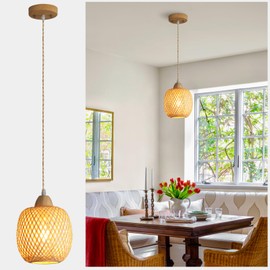 XIYOUVE Mini Rattan Pendant Light Fixture Adjustable Boho Handmade Woven Pendant Lights Kitchen Island Wicker Kitchen Pendant Lighting Over Sink Farmhouse Coastal 1 Pack