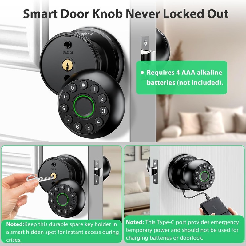 Evanshow Fingerprint Door Lock with Electronic Touchscreen Keypad | Biometric