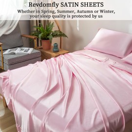 Revdomfly 4 Pcs Full Size Luxury Silky Soft Pink Satin Sheet Set,1 Premium Moisture Wicking Fitted Sheet Fits Up to 16 Inches Deep Pocket + 1 Flat Sheet + 2 Pillowcases（Pink, Full）