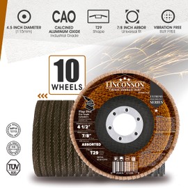 LINCONSON 10 Pack 4.5 Inch 120 Grit Calcined Aluminum Oxide Abrasive Grinding Wheel and Flap Sanding Disc for Metal & Stainless Steel 7/8" Arbor T29 Conical