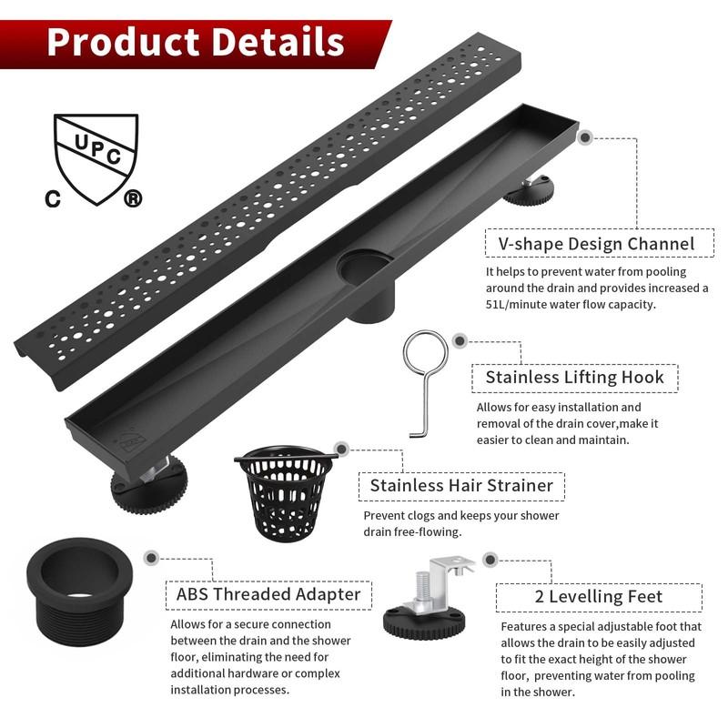 Sharp-tec Shower Drain, 32 inch Linear Shower Drain, Matte Black