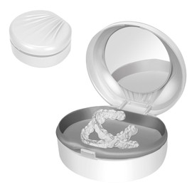 Adorila Portable Denture Case with Mirror, Storage False Teeth Container Cups Holder, Orthodontic Mouth Guard Case with Brush (White)