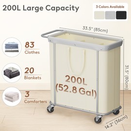 Lifewit 200L Large Laundry Basket with Wheels, Tall 3 Section Laundry Hamper Organizer, Rolling Laundry Cart with Steel Frame & Removable Bag for Luandry Room Bathroom Bedroom, White