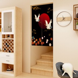 LIGICKY Noren Doorway Curtain Japanese Style White Cranes Red Sun Gold Colourful Cherryblossom Printed Cotton Linen Window Treatment Door Tapestry for Home Decoration 33.5" Width x 47.2" Long