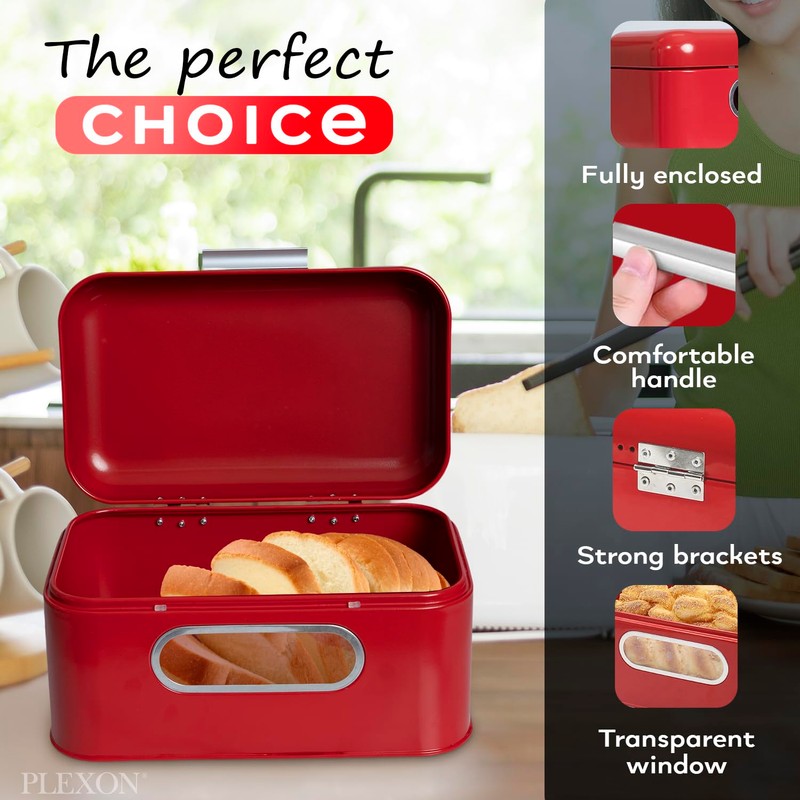 Plexon Red Bread Box for Kitchen Countertop with Lid and