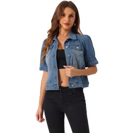 Allegra K Casual Jean Jacket for Women's Short Puff Sleeves Button-Down Denim Jacket Small Medium BLue