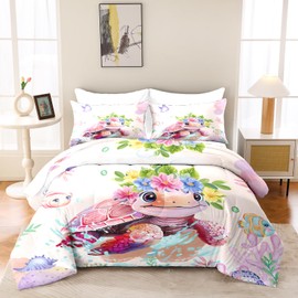 Turtle Bedding Comforter Set Twin Size for Boys Girls,3 Pieces Ocean Printed Quilt Set with 2 Pillowcases,Floral Bedroom Comforter,Soft Lightweight Down Alternative Duvet Set for All Seasons