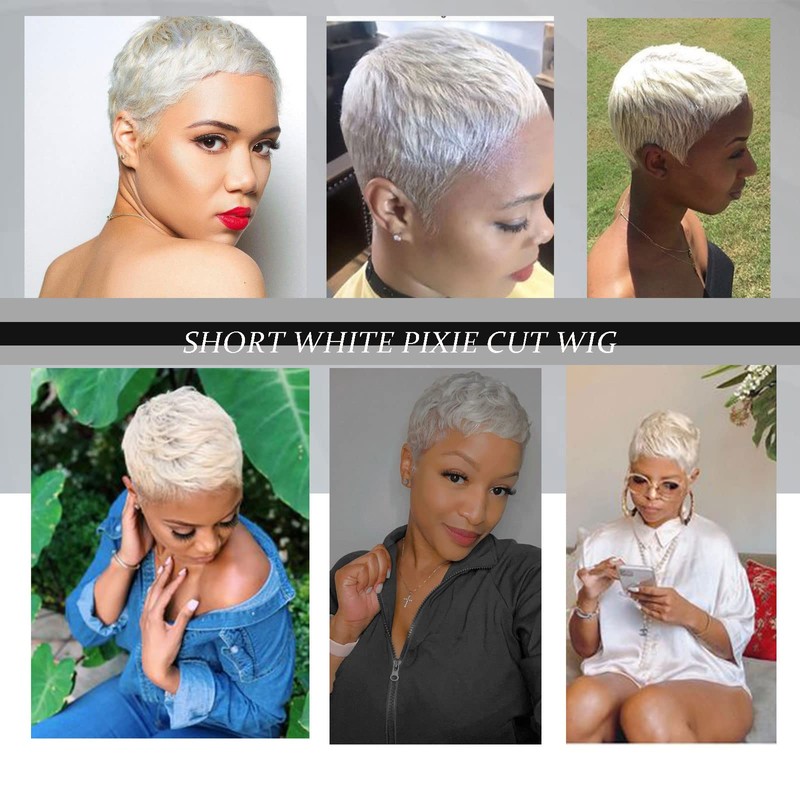 MOONSHOW Short White Pixie Wig for Women Pixie Cut Wig
