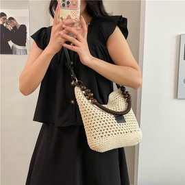 Bohemia Straw Beach Bag Women Macrame Shoulder Tote Bag Crossbody Purse Travel Beach Bag Summer Top-handle Hobo Bags 2025, Black, Large