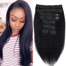 Kinky Straight Clip in Hair Extensions Real Human Hair for Women Full Head Brazilian Real Hair Yaki Human Hair Clip ins Natural Black 8pcs 20 Clips 110g/Set (12 inch)