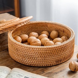 Rattan Basket With Lid, Lidded Wicker Storage Basket for Organizing, Woven Box, Rattan Storage Bin for Shlef or Table, Natural