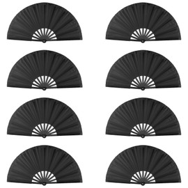 MANCHAP 8 PCS 13 Inch Large Folding Hand Fan, Black Chinese Kung Fu Tai Chi Hand Fan, Nylon Cloth Handheld Folding Fan for Dance, Decorations